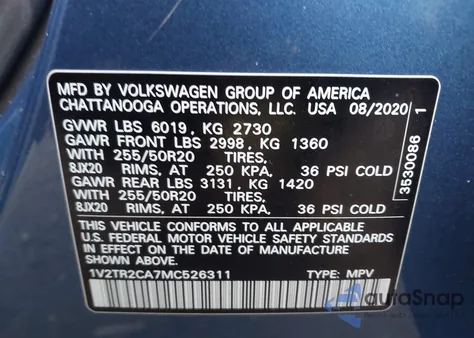 2021 Volkswagen Atlas 3.6L V6 Sel Premium from USA, damaged, VIN 1V2TR2CA7MC526311